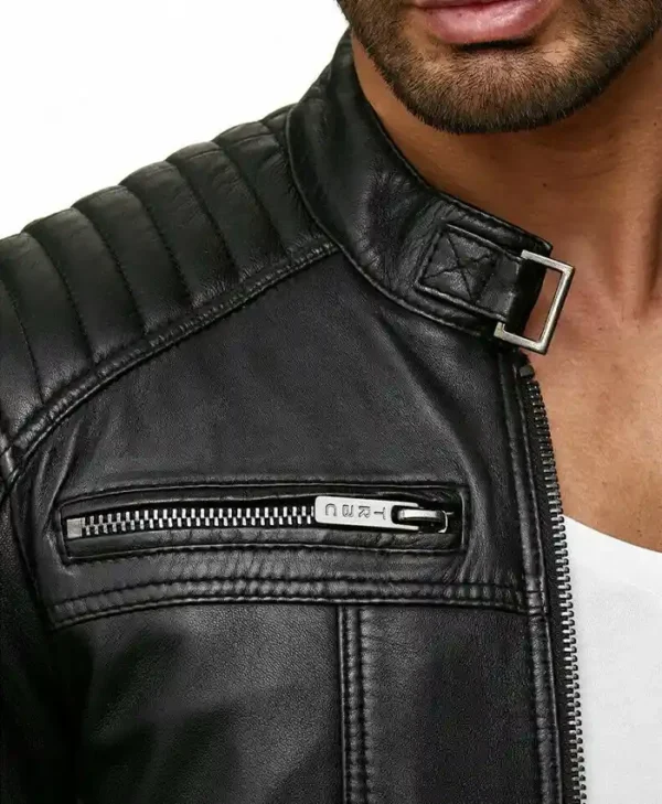 Mens Black Cafe Racer Leather Jacket Collar