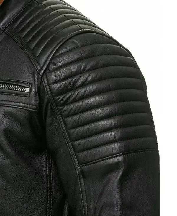 Mens Black Cafe Racer Leather Jacket Quilted