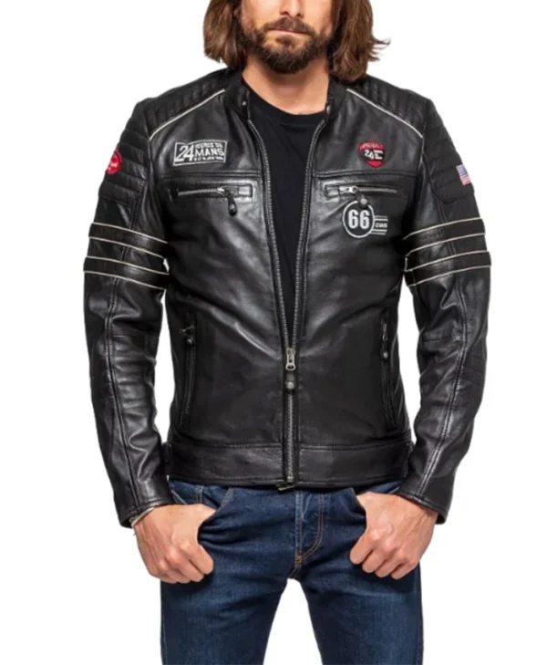 Mens Black Cafe Racer Leather Moto Jacket 1