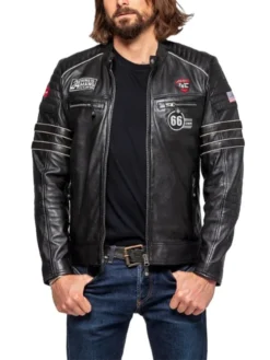 Mens Black Cafe Racer Leather Moto Jacket Main