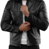 Mens Black Casual Cafe Racer Leather Jacket Collar