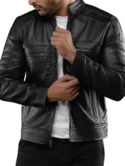 Mens Black Casual Cafe Racer Leather Jacket Collar