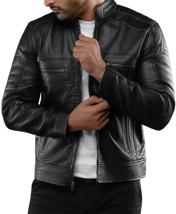 Mens Black Casual Cafe Racer Leather Jacket Collar