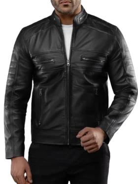 Mens Black Casual Cafe Racer Leather Jacket Hands