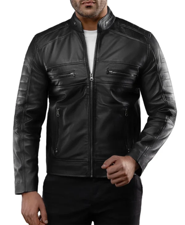 Mens Black Casual Cafe Racer Leather Jacket Hands