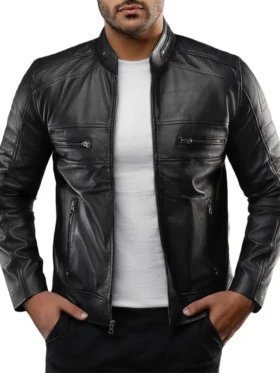 Mens Black Casual Cafe Racer Leather Jacket Main