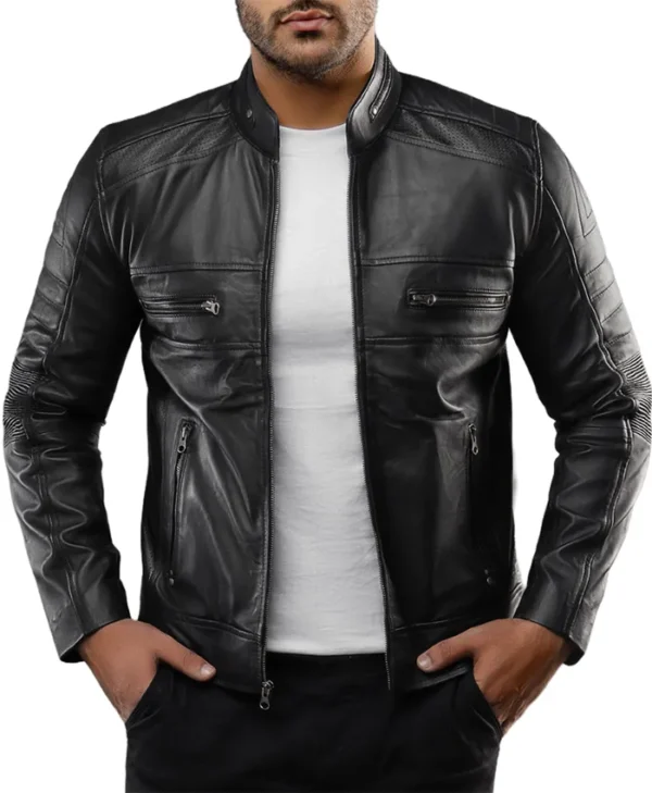 Mens Black Casual Cafe Racer Leather Jacket Main
