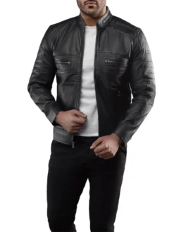 Mens Black Casual Cafe Racer Leather Jacket Stand
