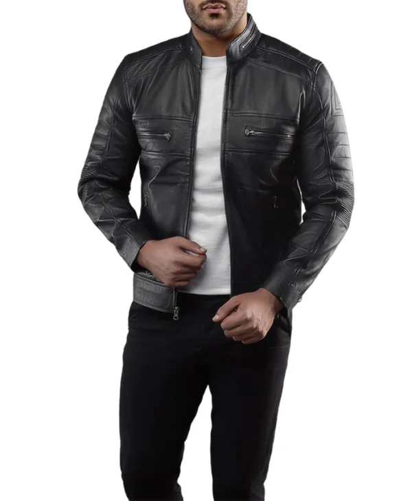 Mens Black Casual Cafe Racer Leather Jacket Stand