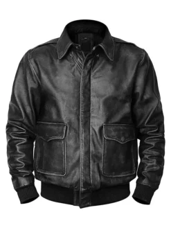 Mens Black Flight Pilot A2 Leather Bomber Jacket Close