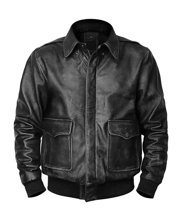 Mens Black Flight Pilot A2 Leather Bomber Jacket Close