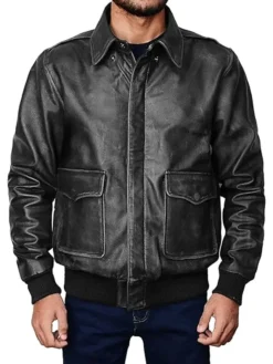 Mens Black Flight Pilot A2 Leather Bomber Jacket Collar
