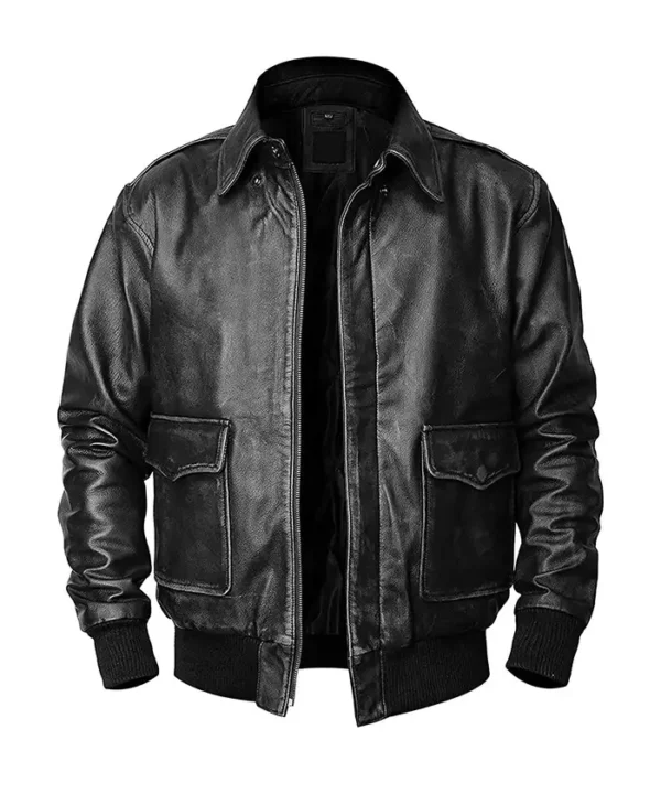 Mens Black Flight Pilot A2 Leather Bomber Jacket Main