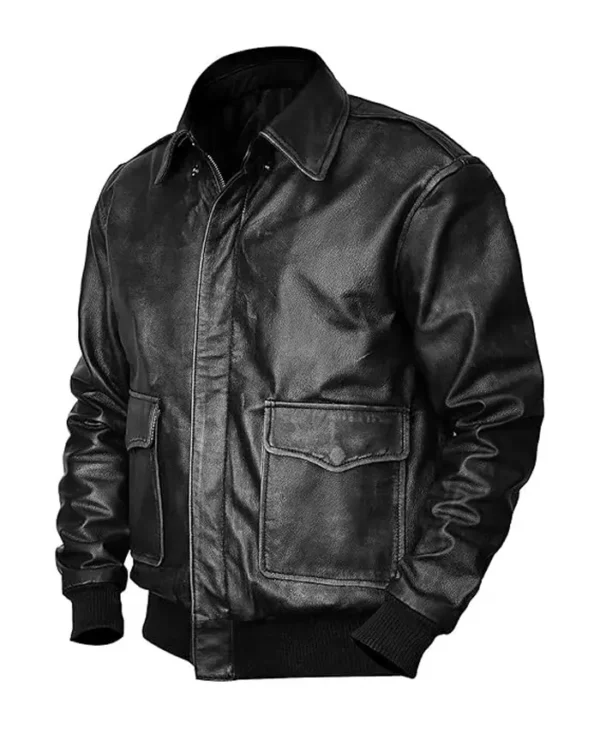 Mens Black Flight Pilot A2 Leather Bomber Jacket Right