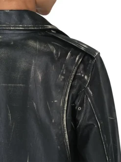 Mens Black Leather Biker Jacket Back Collar