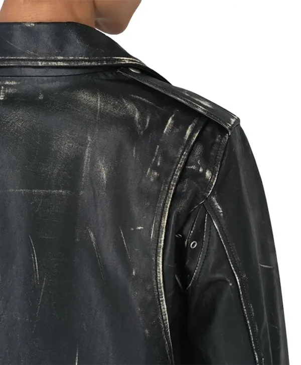 Mens Black Leather Biker Jacket Back Collar
