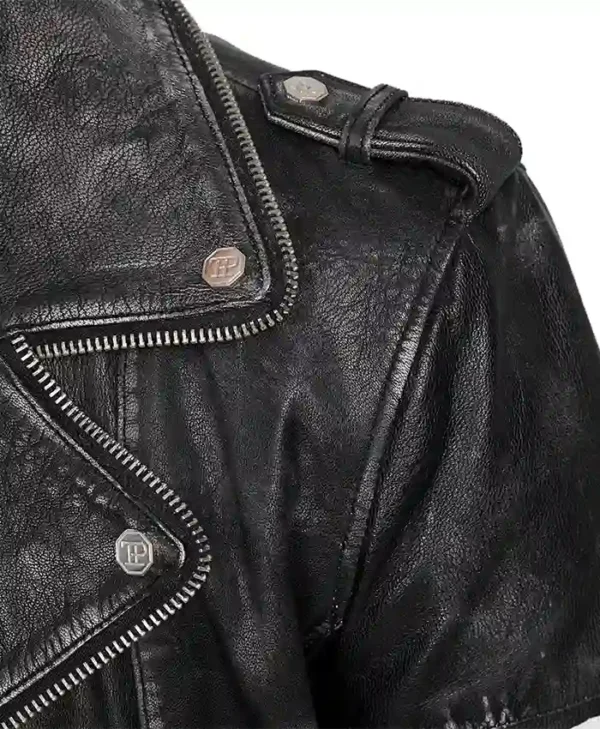 Mens Black Leather Biker Jacket Collar
