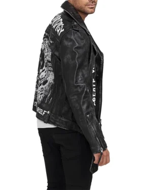 Mens Black Leather Biker Jacket Side