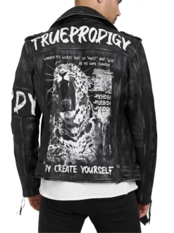 Mens Black Leather Biker Jacket Typography