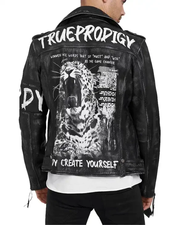 Mens Black Leather Biker Jacket Typography