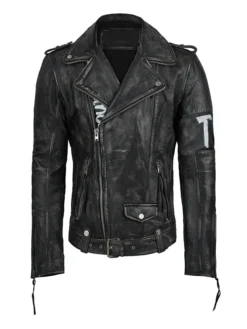 Mens Black Leather Biker Jacket Zipper