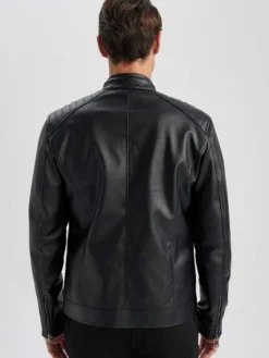 Mens Black Leather Jacket With Quilted Shoulders Back