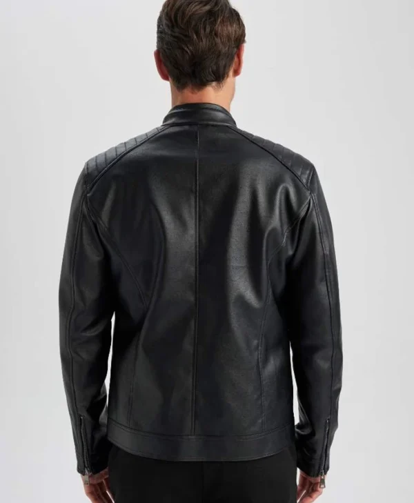 Mens Black Leather Jacket With Quilted Shoulders Back
