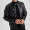 Mens Black Leather Jacket With Quilted Shoulders Collar