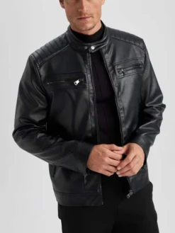 Mens Black Leather Jacket With Quilted Shoulders Collar