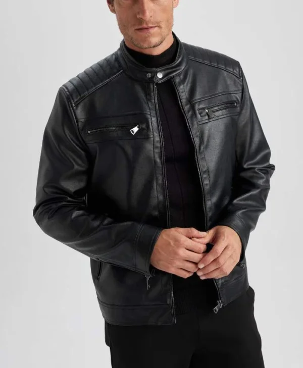 Mens Black Leather Jacket With Quilted Shoulders Collar