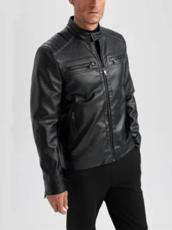 Mens Black Leather Jacket With Quilted Shoulders Left