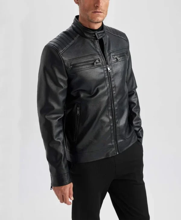 Mens Black Leather Jacket With Quilted Shoulders Left