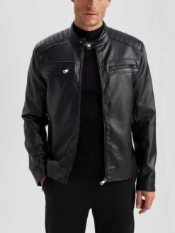 Mens Black Leather Jacket With Quilted Shoulders Main