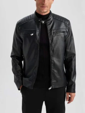 Mens Black Leather Jacket With Quilted Shoulders Main
