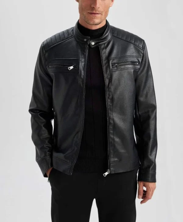 Mens Black Leather Jacket With Quilted Shoulders Main