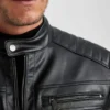 Mens Black Leather Jacket With Quilted Shoulders Snap