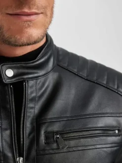 Mens Black Leather Jacket With Quilted Shoulders Snap