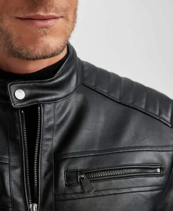 Mens Black Leather Jacket With Quilted Shoulders Snap