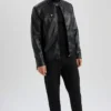 Mens Black Leather Jacket With Quilted Shoulders Stand
