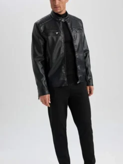 Mens Black Leather Jacket With Quilted Shoulders Stand