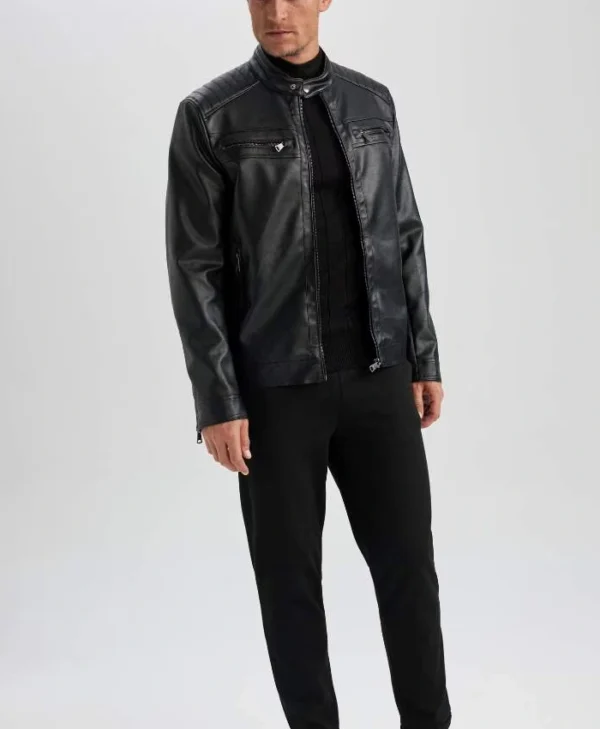 Mens Black Leather Jacket With Quilted Shoulders Stand