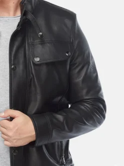 Mens Black Leather Moto Jacket Pockets