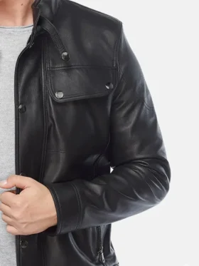 Mens Black Leather Moto Jacket Pockets