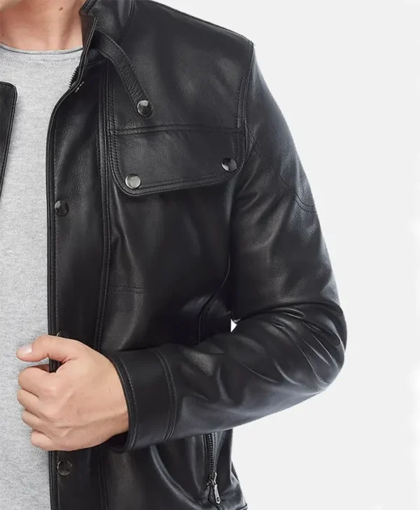 Mens Black Leather Moto Jacket Pockets
