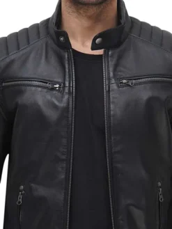 Mens Black Leather Motorcycle Jacket Collar