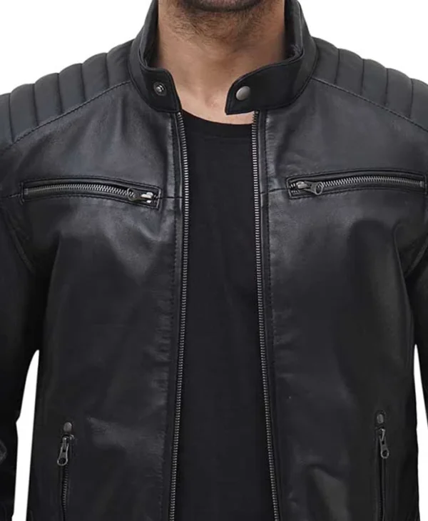 Mens Black Leather Motorcycle Jacket Collar