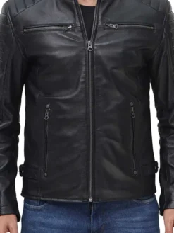Mens Black Leather Motorcycle Jacket Pockets