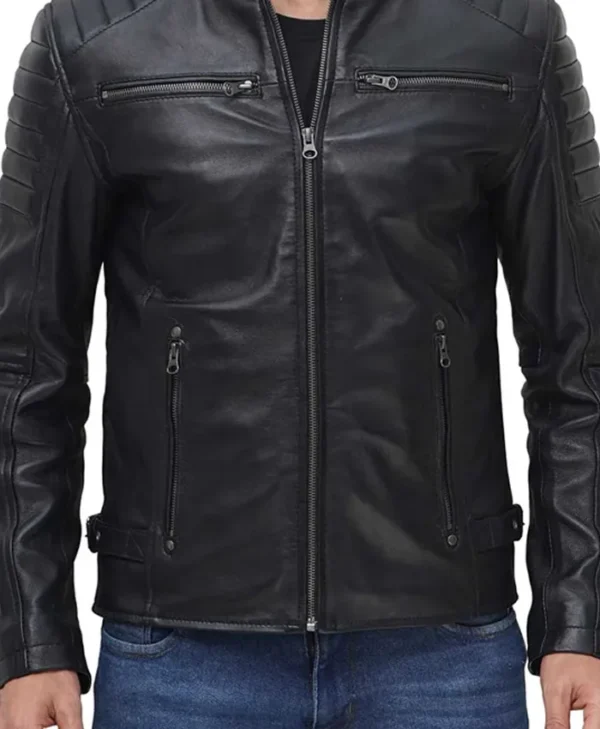 Mens Black Leather Motorcycle Jacket Pockets