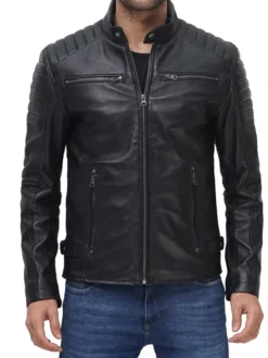 Mens Black Leather Motorcycle Jacket Zipper