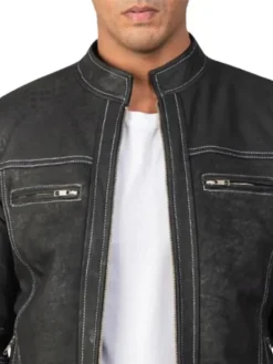 Mens Black Leather Vintage Motorcycle Jacket Collar